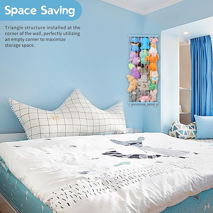 Stuffed Animal Storage Corner Plush Toys Holder with Star Pattern,Stuffed Animals Holder with LED Light,Large Corner Kids Plushies Toys Wall Hangingwith Adjustable Length for Nursery Playroom Bedroom