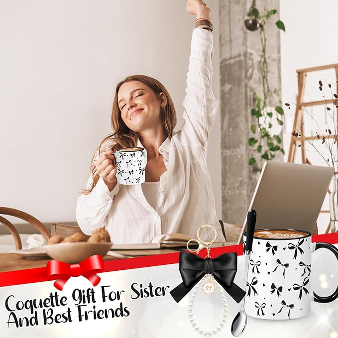 Sliner Black Coquette Bow Coffee Mug Wedding Bridal Shower Gift Set Engagement Gift Ideas 11oz Aesthetic Ceramic Cup with Bow Keychain and Spoon Preppy Mug for Women Bride Christmas Birthday