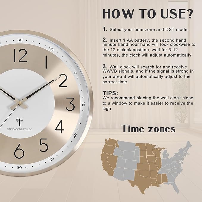 Atomic Analog Wall Clock 14 Inch Battery Operated Wall Clocks Radio Controlled Clock Sets Automatically Gold Large Wall Clock Decor Kitchen Living Room Bedroom
