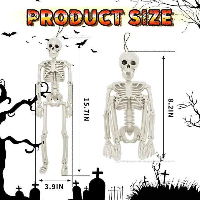 6 PCS Halloween Decoration, 16" Small Poseable Skeleton Full Body with Movable Joints for Garden Graveyard Haunted House Party Home Props Decor