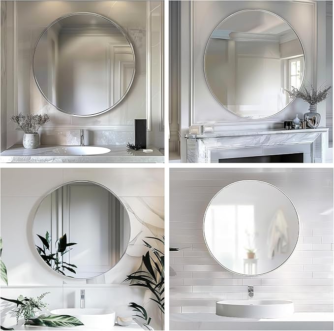 Silver Circle Mirror, Round Mirror 20 inch, Round Wall Mirrors with Aluminum Frame, Circle Mirrors for Living Room, Bathroom, Wall, Hallway.