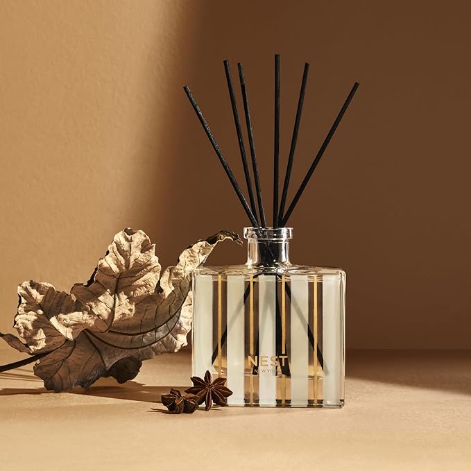 NEST New York Reed Diffuser, Pumpkin Chai - 5.9 fl oz - Fragrance for Up to 90 Days - Reusable, Refillable Glass Holder - Includes 8 All-Natural Reed Sticks - Flame Free