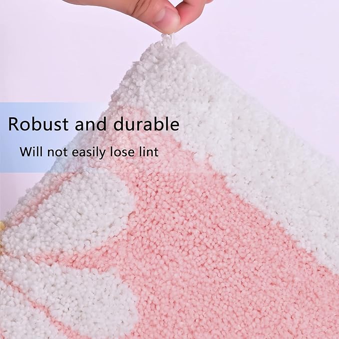Fluffy Soft Superfine Fiber Bath Mat, White Flower - Non Slip Machine Wash Plus Mats (20x32, Pink)