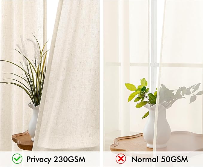 MIULEE Non-See-Through Privacy Linen Curtains 2 Panels, Light Filtering Window Curtains Farmhouse Textured Back Tab Semi Sheer Drapes for Bedroom Living Room, 52 x 72 Inches Long, Cream Ivory