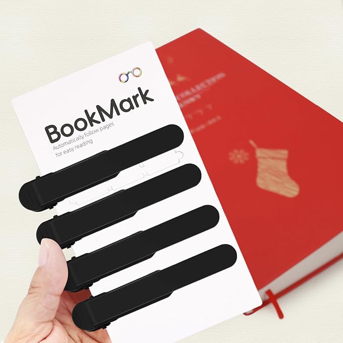 SMUK 4pcs Silicone Bookmarks for Book Lovers Women Men Girls, Black Automatic Book Markers for Reading Women Teachers, Unique Book Reading Accessories Book Page Keeper