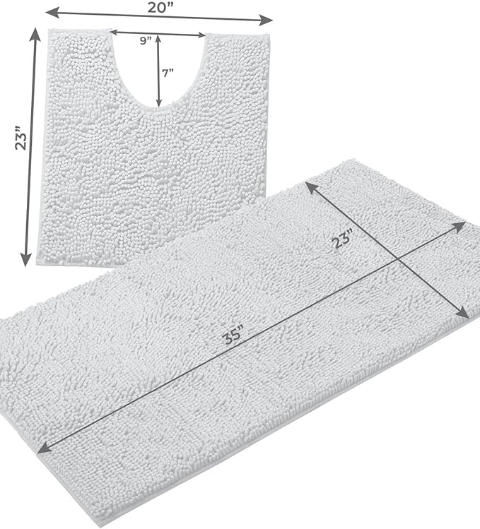 Bathroom Rugs Sets 2 Piece, Luxury Chenille Bath Mat Set, Soft Plush Anti-Slip Bath Rug + U-Shaped Toilet Mat. Microfiber Shaggy Carpet, Super Absorbent (24” x 36” & 20” x 24” U, White)