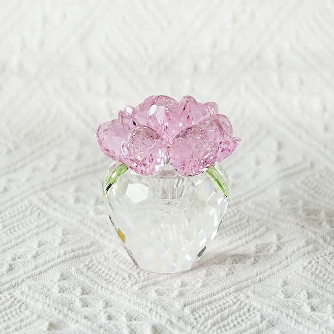 Crystal Flower Figurines- Glass Rose Home Decor - Flower Bouquet for Ladies Gifts(Pink)