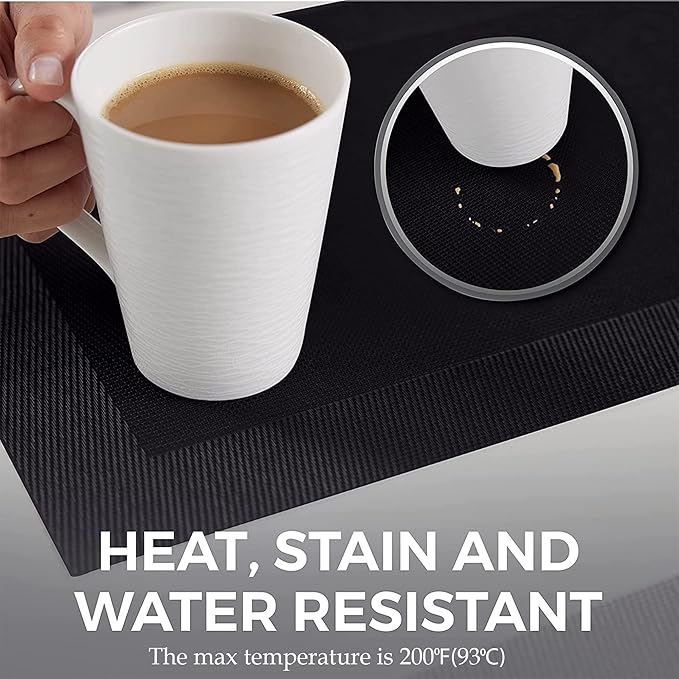 More Décor Dining Table Placemats, Washable Heat-Resistant PVC Vinyl Table Mats for Dining Room and Kitchen, Anti-Slip - Set of 6 -Black