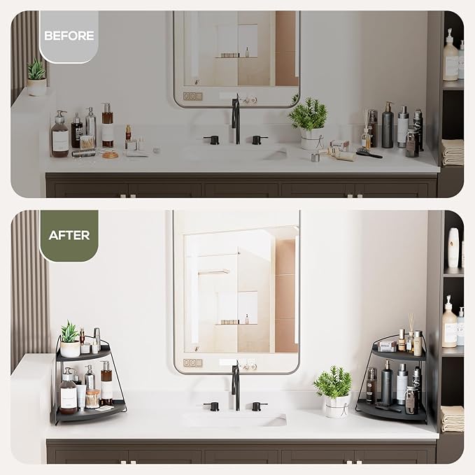 Puricon Bathroom Counter Organizer, 2 Tier Corner Countertop Storage Shelf Bathroom Sink Organizer, Wood Triangle Bathroom Organization for Skincare Kitchen Vanitity -Black