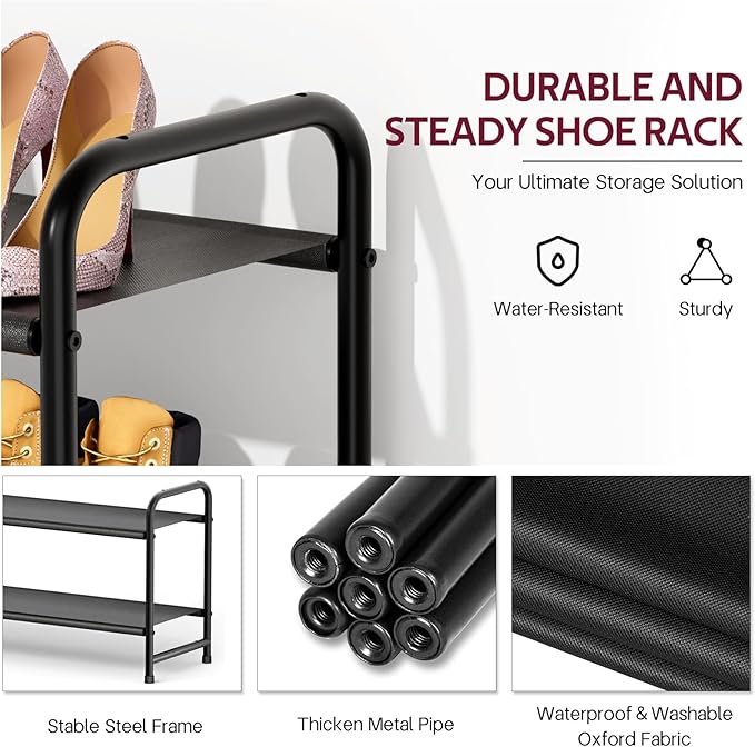 SLEEPING LAMB Long 2-Tier Shoe Organizer for Closet, Stackable Wide Shoe Rack Holds 18-Pairs Low Shoe Shelf Storage for Bedroom, Floor, Entryway(Black)