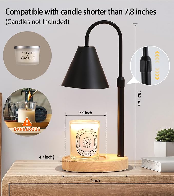 Black Candle Warmer Lamp with Timer and Dimmer,Mother's Day/Birthday for Mom/Wife,Electric Wax Melt Warmer,Home Decor,Scented Jar Lamp,Adjustable Height,with 2 Bulbs