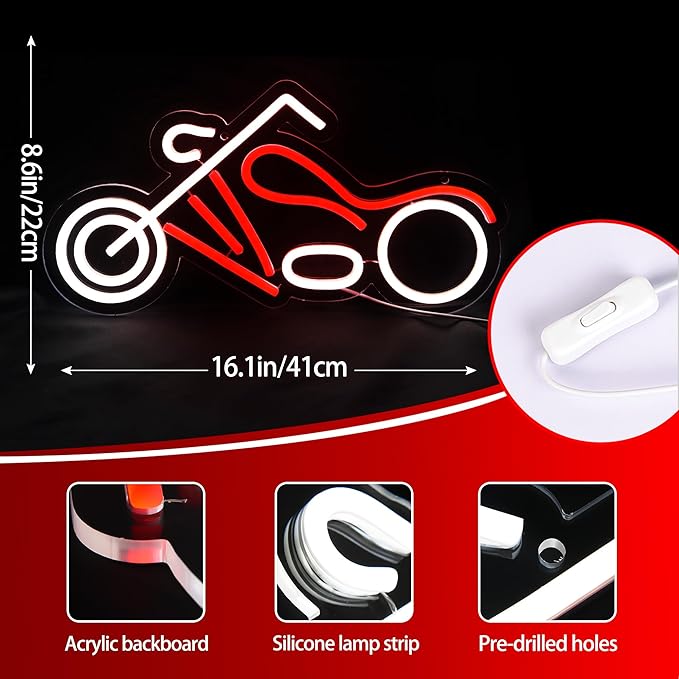 Motorcycle Neon Sign for Man Cave Motor LED Light up Sign for Wall or Garage Decor Neon light for Auto Room Repair Shop Workshop Birthday Gift,Size16.1 * 8.6inch(ZYLD076)