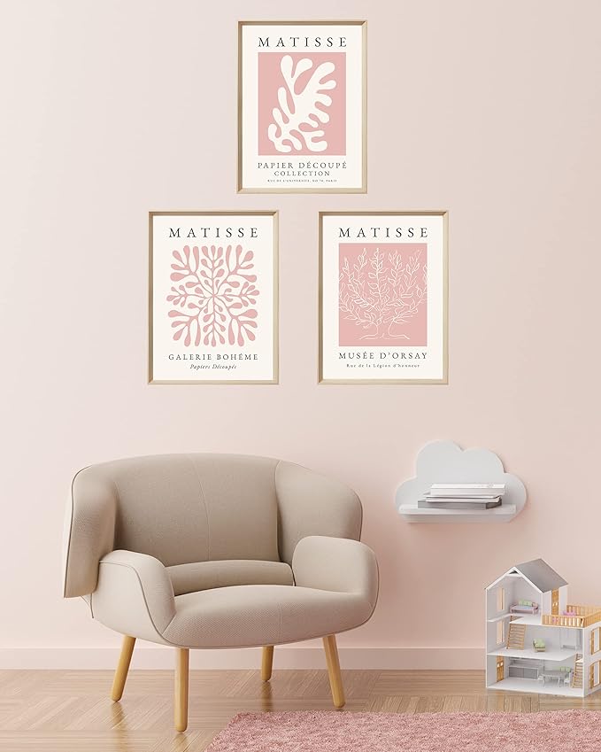 Framed Matisse Pink Canvas Wall Art,Abstract Matisse Canvas Wall Decor,16x12IN High Framed Wood Design Print,Minimalist Classic Decor Aesthetic for Living Room,Bedroom,Bathroom Set of 3