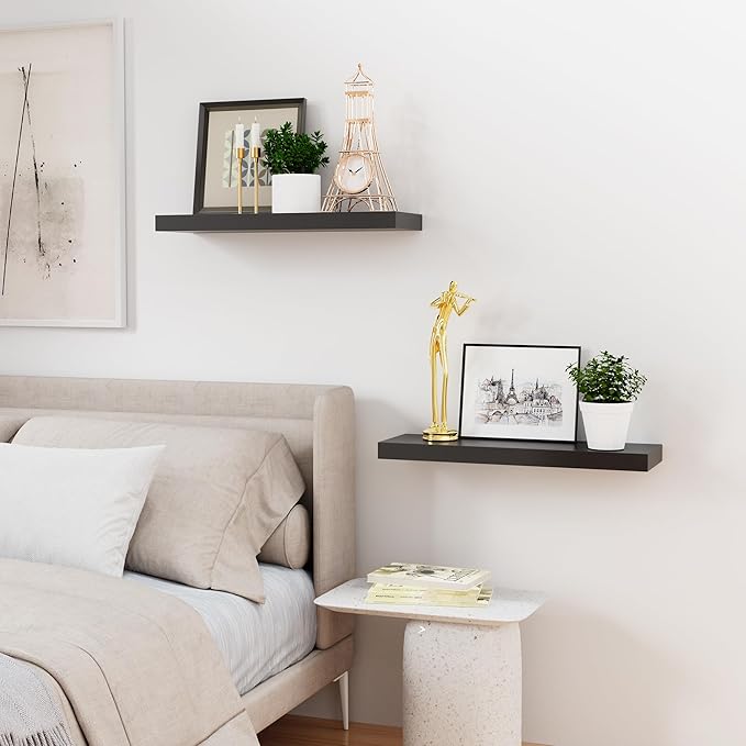 Bellsal Floating Shelves for Wall, Black Engineered Wood Wall Shelf Set of 2, 24" Wall Mounted Floating Shelf for Kitchen, Living Room, Bedroom, Bathroom Storage, Book Shelf for Home Decor