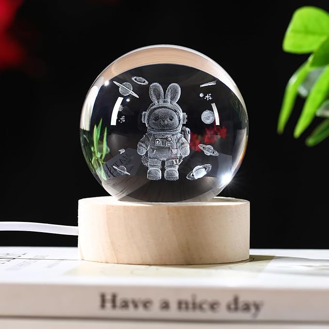3D Crystal Ball Rabbit Decor Night Light, Space Bunny Astronaut Gifts for Kids, Birthday Gift for Boy Gifts for Him Her Boyfriend Girlfriend