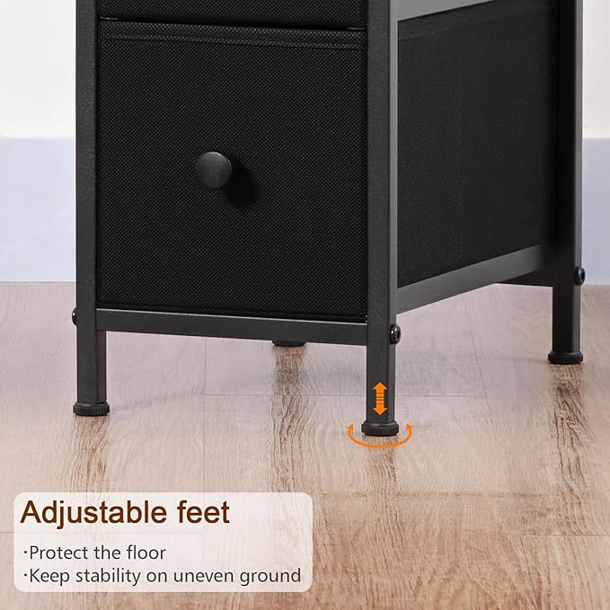 Narrow End Tables Living Room Set of 2 with Charging Station, Skinny Side Table with Fabric Drawers, Slim Nightstand for Bedroom, Small Spaces, Couch, Black, HETNDP03BK
