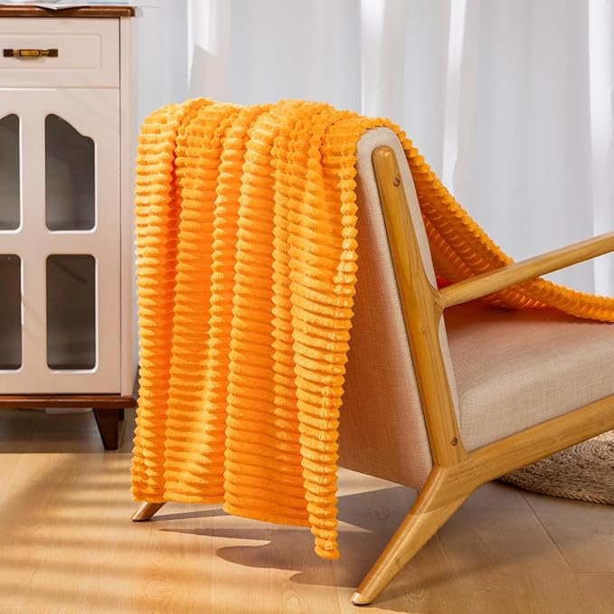 Vessia Flannel Fleece Throw Blanket for Couch,Sofa,Bed(50x70inch), 300GSM Microfiber Orange Striped Chair Blanket for Adults and Kids, Super Soft Warm Cozy Lightweight Ribbed Throw for All-Season