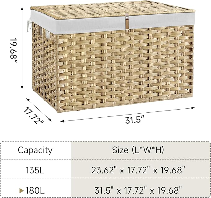 180L Wicker Storage Basket with Lid, Handwoven Rattan Large Shelf Basket with Removable Liner, 47.6 Gallon Wicker Basket for Blanket, Storage Trunk with Handle for Bedroom, Livingroom, Goose Yellow