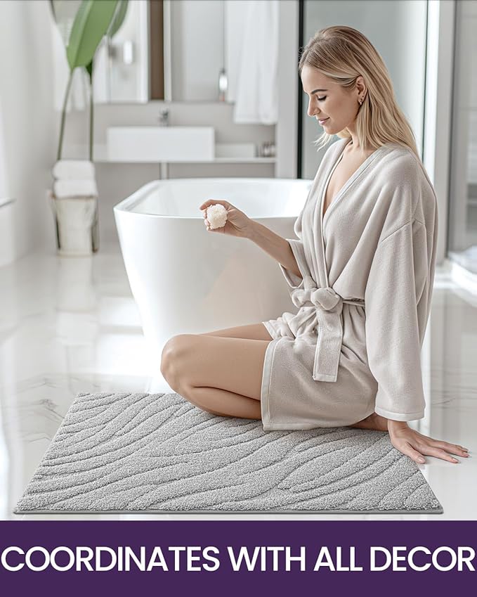 DEXI Bathroom Rugs 17x30, Extra Soft Absorbent Bath Mat, Non Slip Bathmat for Bathroom Floor, Machine Washable Rugs for Shower Floor, Light Grey