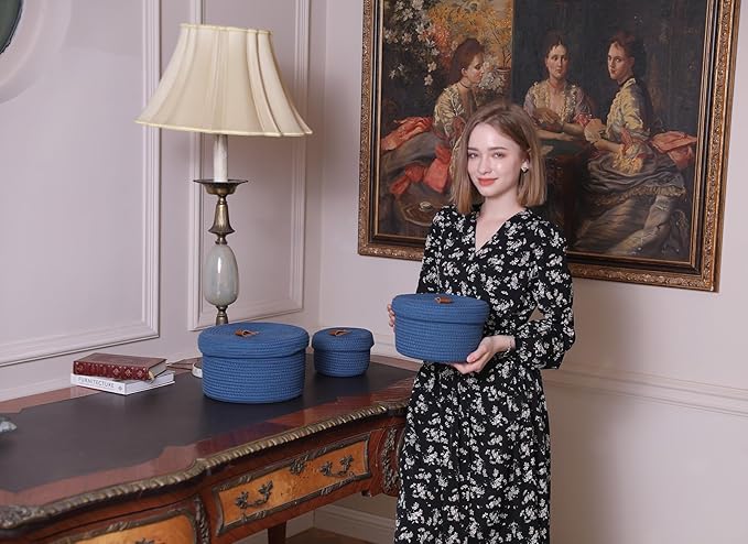 Cottonphant Set of 3 Stylish Round Woven Baskets with Lids - Elegant Storage Solution for Home Decor and Organization - Compact Shelf Baskets (Dark Blue, 10"x6"-8"x5"-6"x4")