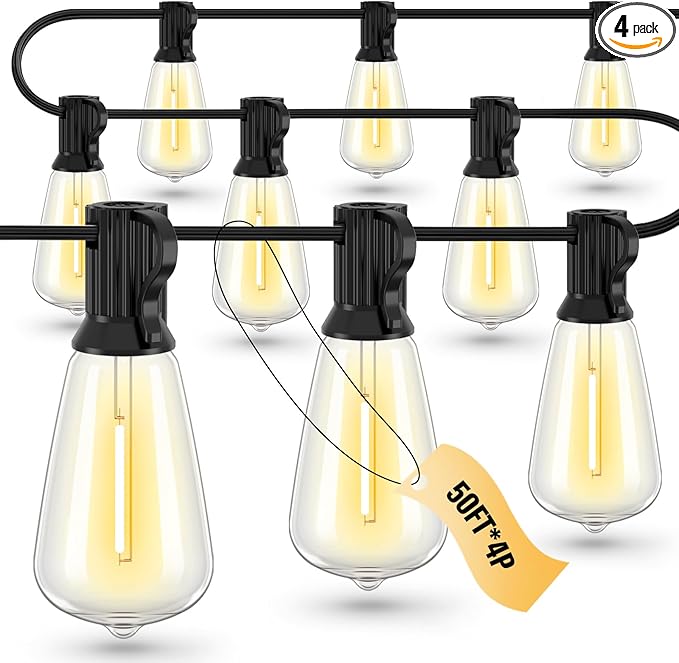 String Lights for Outside, 200 FT (50FT 4 Pack) Patio Lights Outdoor Waterproof with 108 ST38 Edison Bulbs(8 Sqare), Plug in Hanging Light for Porch, Blacony, Backyard, Bistro, Garden, 2700K