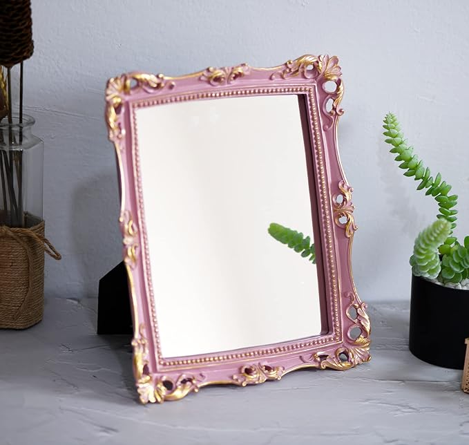 Funerom Vintage 11 x 9.5 inch Decorative Mirror, Wall Mounted & Tabletop Makeup Mirror ,Rectangle Mirror (Pink)