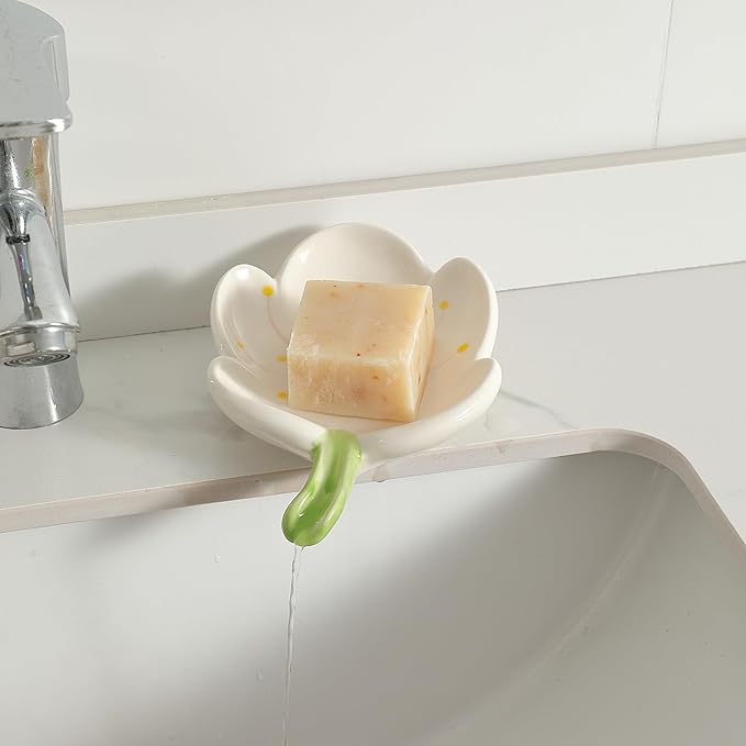 Ankah Decorative Ceramic Soap Box, Flower Shape Soap Dish, Self-Draining to Keep Dry Stop Mushy Soap Holder, Easy Cleaning, Best for Shower Bathroom and Kitchen (Tulip, White)