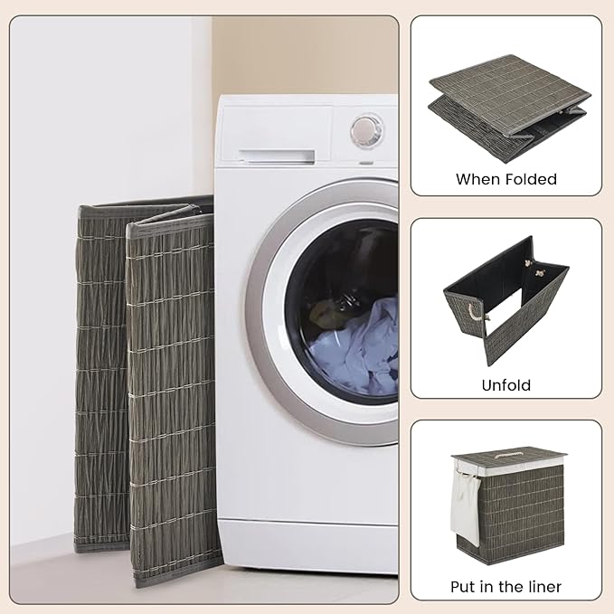 Laundry Hamper with Lid, 42.3 Gallon (160L), Handwoven Rattan Laundry Basket, 3-Section Clothes Hamper with Handles, 2 Removable Liner and Side Pocket, Grey