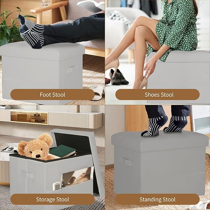 Folding Storage Ottoman. Foot Rest Stool with Thicker Foam Padded Seat. 330 lbs Leather Ottoman with Storage Bench for Living Room, Bedroom, Home Office Table, 17x13x13in, Grey