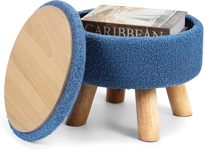 Ottoman Foot Rest, Small Round Ottoman with Storage, Boucle Teddy Velvet Footstool with Wood Legs, Soft Sponge Storage Ottoman for Living Room, Bedroom, Couch, Enterway (Dark Blue)