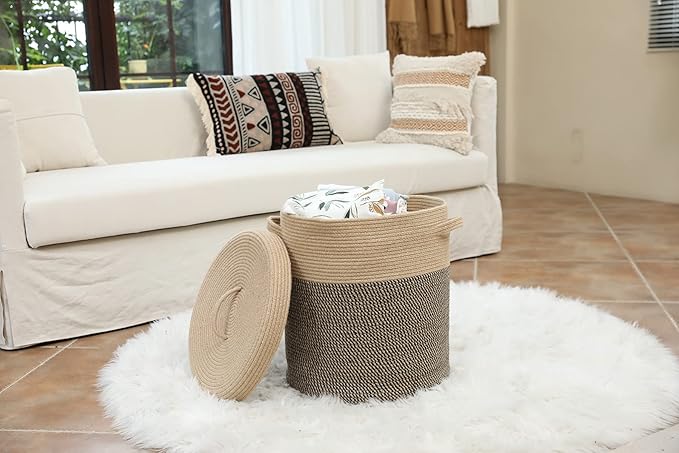 Extra Large 16" x 16" x 18" Storage Basket with Lid, Cotton Rope Laundry Hamper, Cloth Bin for Clothes, Towels, Blankets, Pillows in Living Room, Jute/Black Mix Basket