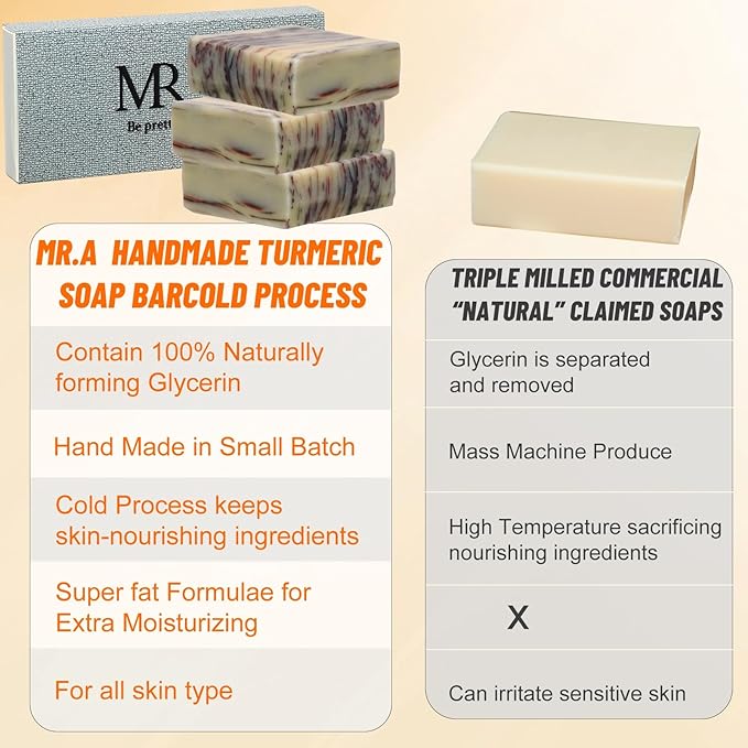 MR.A 3 Pack Turmeric Soap Bar for Face, Handmade Turmeric Soap for Body, Handcraft Tumeric soap for Smooth Skin and Moisturizing, All Natural Tumeric Wash Bar, Ginger bath bar