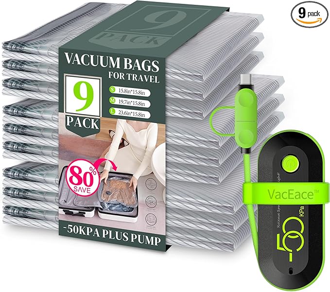 9 Pack Travel Vacuum Storage Bags with USB Electric Pump, Carry-on Size Space Saver Bags for Clothes and Clothing Travel,Compression Packing for Luggage and Suitcase