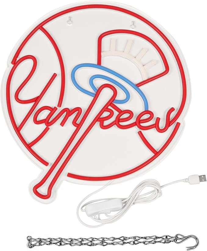 YANKEES Neon Signs for Wall Decor,Baseball Team Neon Lights for Bedroom,LED Signs Suitable for Man Cave,5V Power Adapter,Birthday、Christmas Gifts for Boys 13 * 15Inch(Red+Blue+White)
