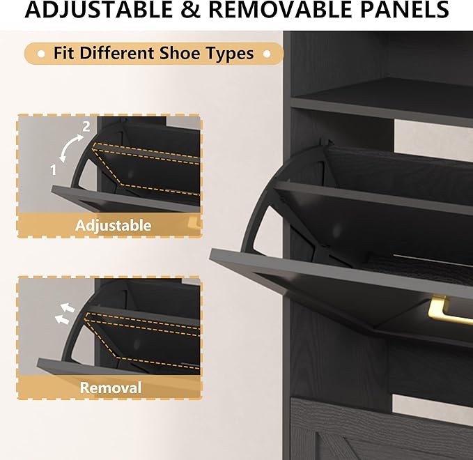 Shoe Cabinet with 2 Flip Drawers, Freestanding Hidden Shoe Storage Organizer for Entryway, Narrow Slim Shoe Rack Cabinet with Open Storage & Hooks for Front Door Entrance, Living Room, Hallway, Black