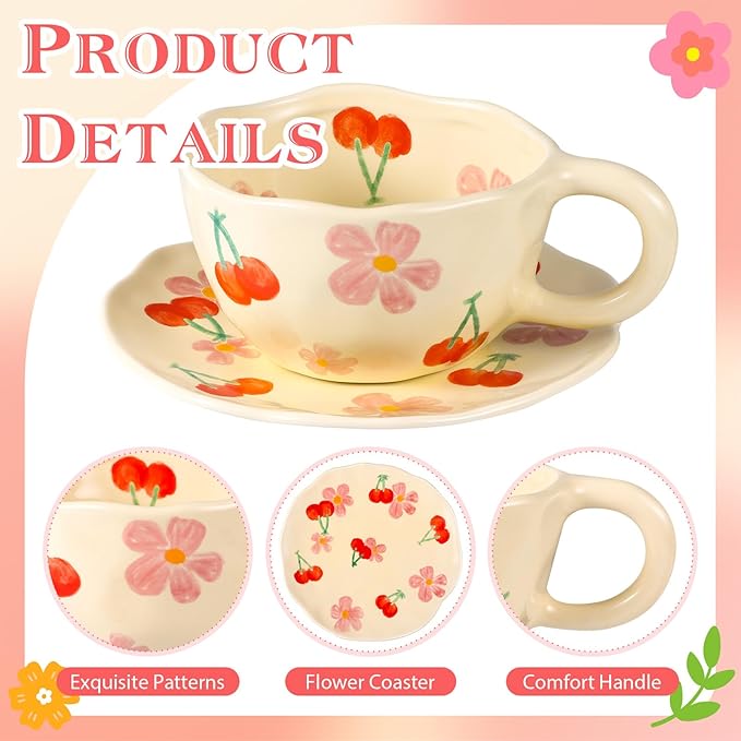 Cappuccino Cup with Saucers Set of 2 Ceramics Coffee Mugs 8 oz Latte Art Cup Vintage Aesthetic Flower Barista Cups for Americano, Tea, Espresso,Mocha, Milk - Microwave and Dishwasher Safe
