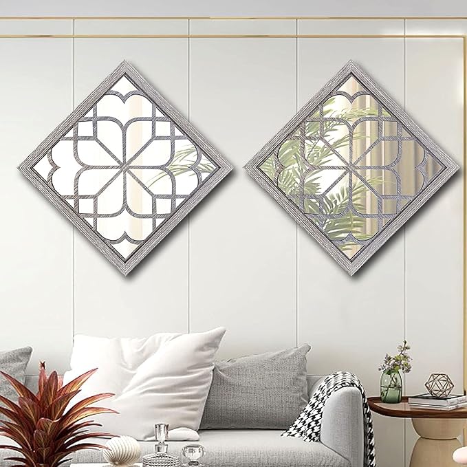 Wocred 2 PCS Square Wall Mirror,Gorgeous Rustic Farmhouse Accent Mirror,Barn Wood Color Entry Mirror for Bathroom Renovation,Bedrooms,Living Rooms and More(16”x16”)