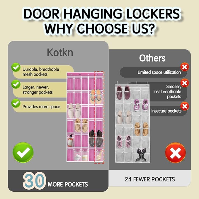 Over the Door Shoe Organizer with 30 Breathable Mesh Pockets - Large Capacity Closet Storage for Men & Women, Hanging Shoe Rack Organizer (Pink)