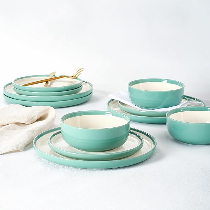 Famiware Lake MacDonnell Plates and Bowls Set for 4, 12 Pieces Dinnerware Sets, Handcrafted, Stoneware Dishes Set, Green and Beige