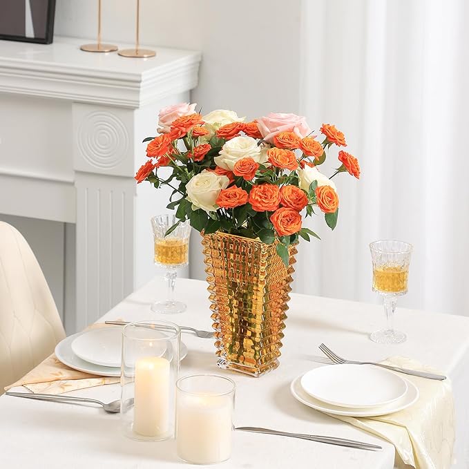 MCMCNCUIU Crystal Vase, Large Crystal Vases for Flowers, Large Flower Vase, Modern Amber Vases for Living Room, Bedroom, Kitchen, Dining Table, Mantle, Wedding, 9 Inches