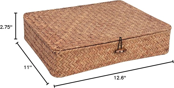 Flat Wicker Shelf Baskets with Lid, Handwoven Seagrass Basket Boxes for Storage Baskets Bins Home Decor Organizer (Coffee Large)