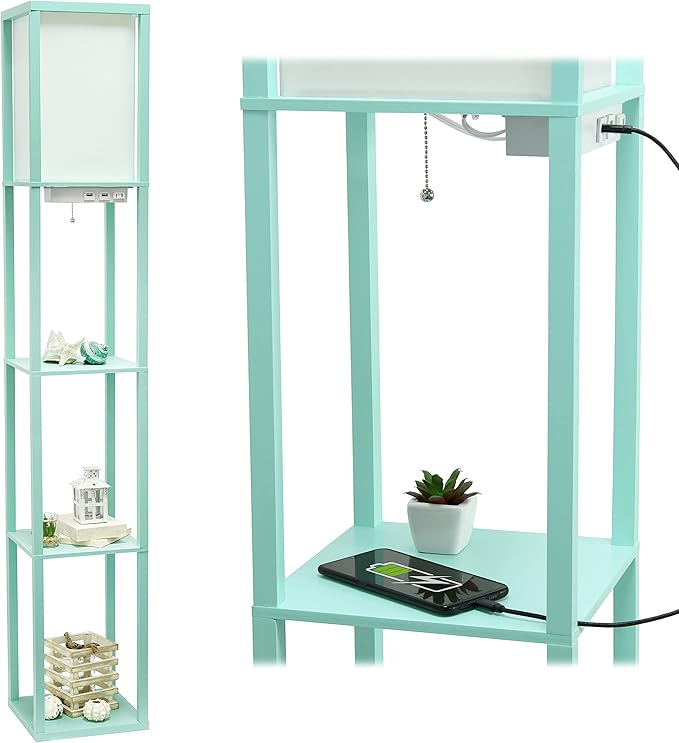 Simple Designs LF1037-AQU-LB Three Shelf Etagere Organizer Storage Floor Lamp with 2 Dual USB Ports and Charging Outlet, Aqua, with Feit LED Bulb Included