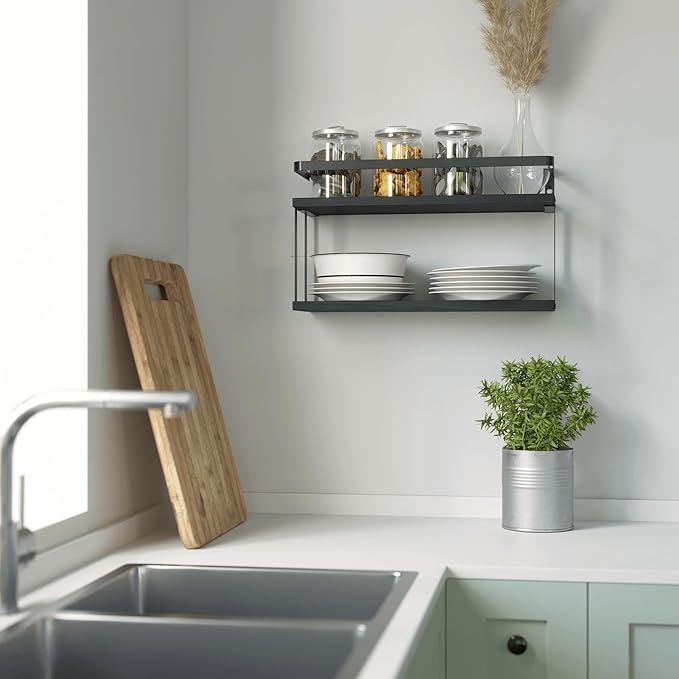 RICHER HOUSE Dual-Level Guardrail Floating Shelves, Rustic Wood Bathroom Shelf Wall Mounted, Over Toilet Paper Storage Shelves for Wall Decor, Bathroom Organizers - Black