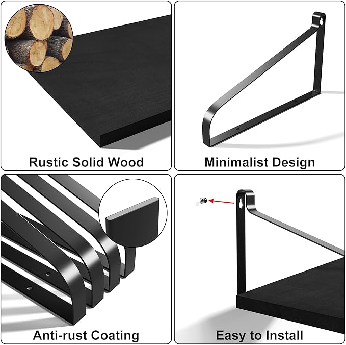 Love-KANKEI Floating Shelves Wall Mount Rustic Wood Wall Shelves with Large Storage L16.5 x W12 inch for Kitchen Living Room Bathroom Bedroom Set of 2 Black