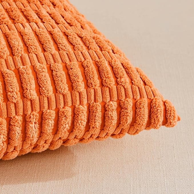 Fancy Homi 4 Packs Orange Fall Decorative Throw Pillow Covers 26x26 Inch for Couch Living Room Bed Sofa, Halloween Pumpkin Autumn Home Decor, Soft Cute Plush Corduroy Striped Cushion Case 66x66 CM