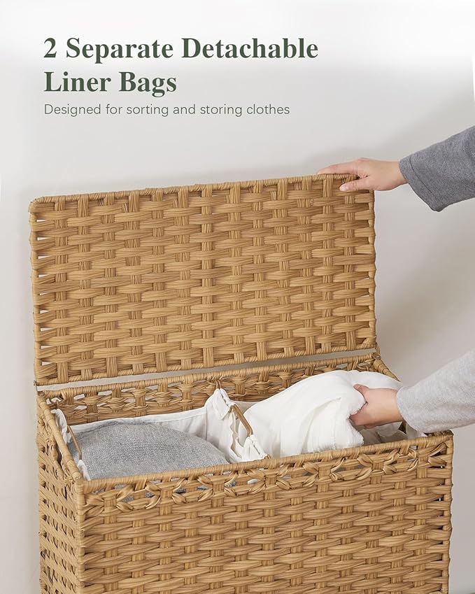 Laundry Hamper with Lid, 112 L Handwoven Rattan Wicker Laundry Basket, 2 Removable Liner Bags Metal Heightened Feet, 6 Mesh Bags, 2 Section Large Clothes Hamper for Bathroom Bedroom, Natural