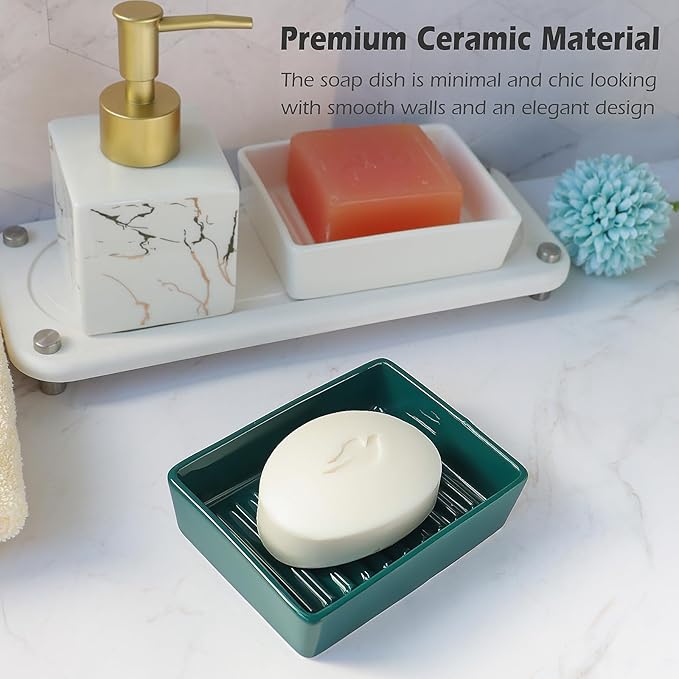 Green Soap Dish,Ceramic Soap Dishes for Sink Bathroom Shower Kitchen, Easy to Clean Keeps Soap Dry, Multi-Purpose Non-Slip Soap Tray (Dark Green)