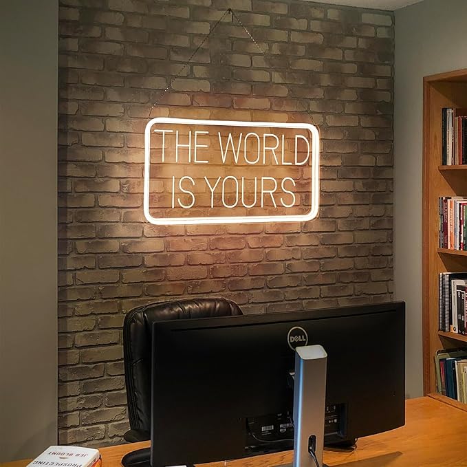 The World is Yours Neon Signs for Wall Decor 3D Carving Design Neon Sign for Bedroom. Warm White LED Neon Signs for Room, Bar, Office, Birthday Party Wedding