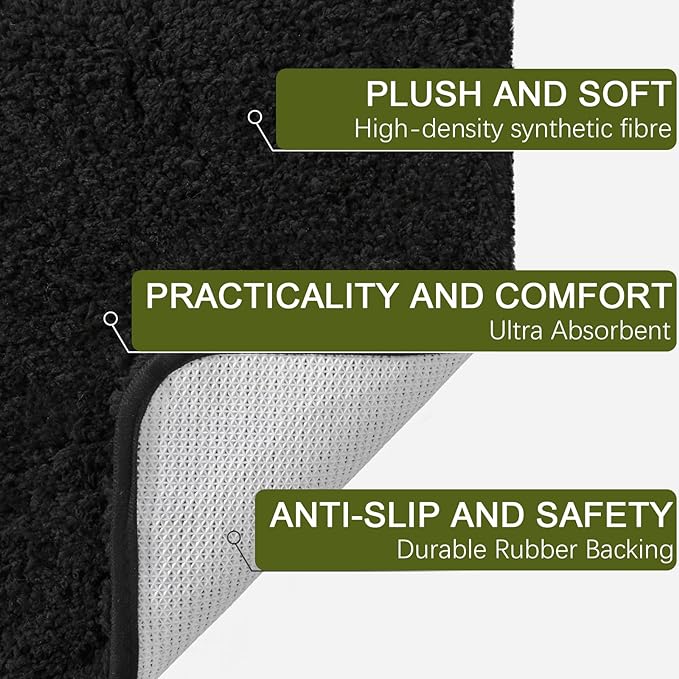 AROGAN Luxury Non Slip Bathroom Rug, Thick Soft and Absorbent Microfiber Bath Mat, Rubber Backing Quick Dry Rugs Carpets, Machine Washable Plush Mats for Shower Floor, Bathroom, 24x17 Inch Black