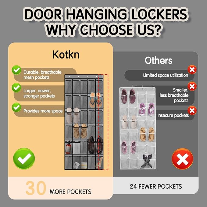 2PCS Over the Door Shoe Organizer with 30 Breathable Mesh Pockets - Large Capacity Closet Storage for Men & Women, Hanging Shoe Rack Organizer -Gray